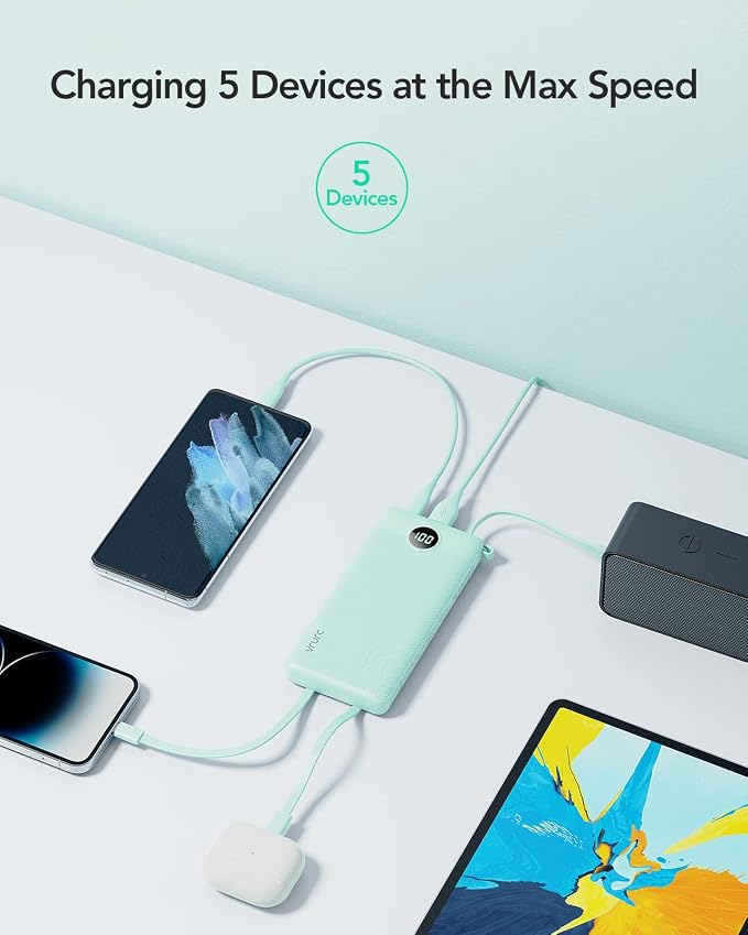 VRURC Power Bank with Built-in Cables,USB C Portable Charger for iPhone | 10000mAh Slim Charging Bank with Lanyard, Perfect for Travel, Work, School and Daily Carry-Green