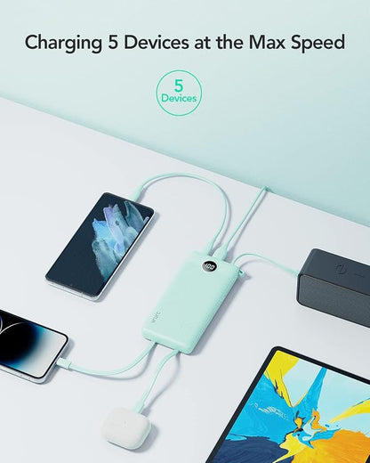 VRURC Power Bank with Built-in Cables,USB C Portable Charger for iPhone | 10000mAh Slim Charging Bank with Lanyard, Perfect for Travel, Work, School and Daily Carry-Green