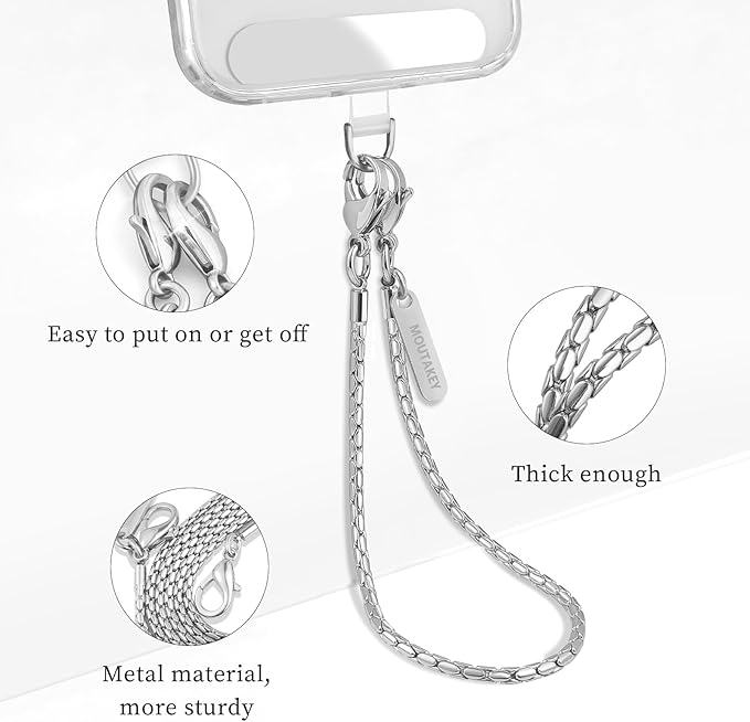 MOUTAKEY Phone Wrist Strap Metal Phone Chain Wristlet Strap Detachable iPhone Lanyard Wrist with 2 Tether Tabs iPhone Charm strap For Women girls Shopping Traveling Party Walking