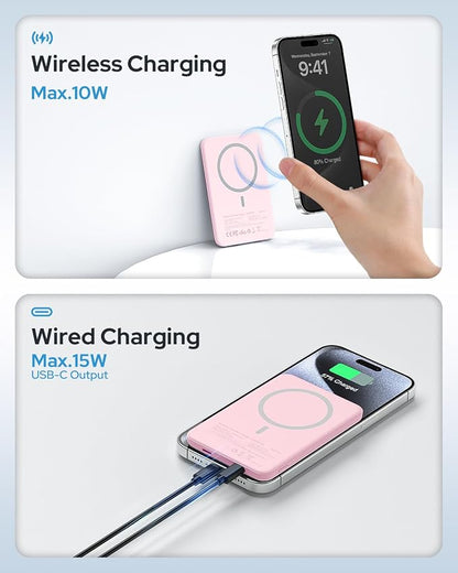 TRKOY for Magsafe Portable Charger, 5000mAh for Magsafe Power Bank with USB C Fast Charging,Travel Essential for Magnetic Battery Pack Wireless for iPhone 17/16/15/14/13/12 Series, Pink