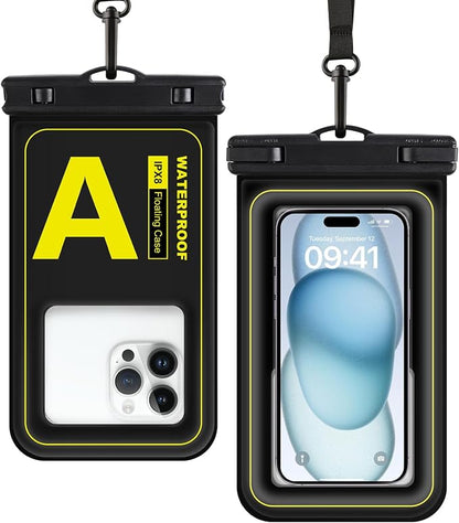 Waterproof Phone Pouch, IPX8 Floating Waterproof Phone Case Fits 7″ Phones, Letter Design Waterproof Bag Cruise Ship Travel Beach Essentials（Black