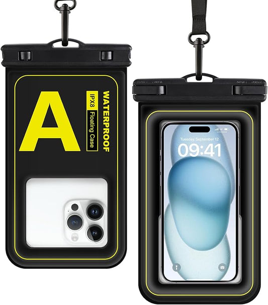 Waterproof Phone Pouch, IPX8 Floating Waterproof Phone Case Fits 7″ Phones, Letter Design Waterproof Bag Cruise Ship Travel Beach Essentials（Black