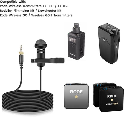 2-Pack Lavalier Microphone Compatible with Rode Wireless Pro/Wireless GO II 2 Bodypack Transmitters, Omnidirectional Condenser Lapel Mic for Vlog/Lectures/Broadcasters