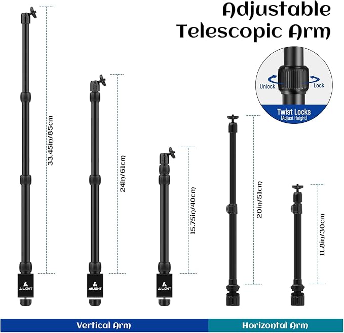 Ailight Camera Desk Mount Stand Overhead, Adjustable Microphone Boom Arm Mic Stand with Phone Holder, Camera Arm Clamp 5/8'' 3/8'' 1/4'' Screws for Shure, Blue Yeti, Rode, Elgato, Fifine, HyperX