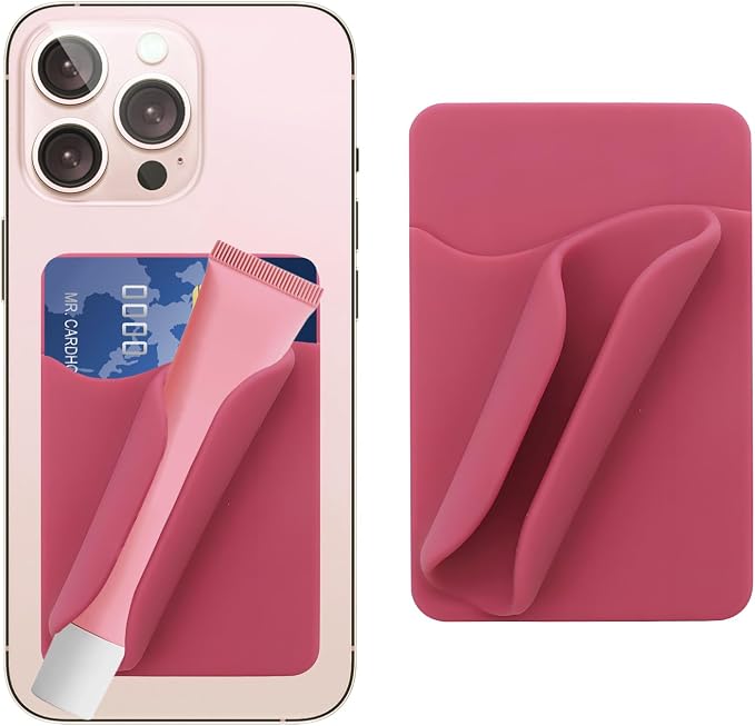 Lip Gloss Holder Phone Case,Silicone Lip Holder with Card Holder,Protective Lip Gloss Case with Adhesive Holder for Most Phone Models(Rose Pink)