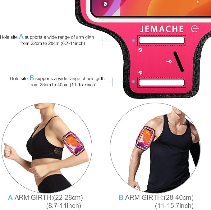 iPhone 17 16 15 Armband with Earphone Holder, JEMACHE Water Resistant Gym Running Workouts Arm Band for iPhone 17 16 15 14 13 12 Pro (Rosy)