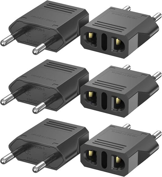 US to European Plug Adapter 6-Pack, Power Converter & Compact Universal Travel Converter for EU/FR/IT/BR/CN, Safe Travel Essentials (Black)