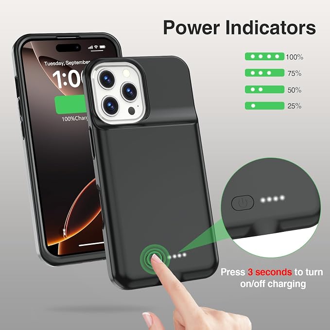 GIN FOXI Battery Case for iPhone 16 Pro, Charging Case Charger 8500mAh Rechargeable Case Ultra-Slim Lightweight 15W Fast Battery Pack Anti-Fall TPU Juice Box for iPhone 16 Pro(6.3") Black