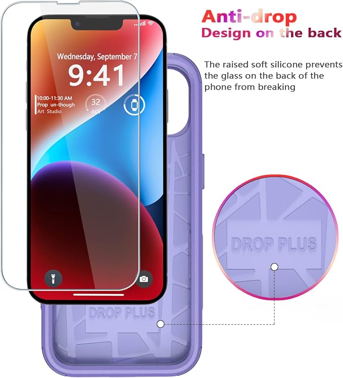 Diverbox for iPhone 14 Case [Shockproof] [Dropproof] [Tempered Glass Screen + Camera Lens Protector],Heavy Duty Protection Phone Case Cover for Apple iPhone 14 (Purple)