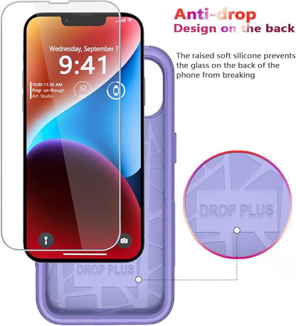 Diverbox for iPhone 14 Case [Shockproof] [Dropproof] [Tempered Glass Screen + Camera Lens Protector],Heavy Duty Protection Phone Case Cover for Apple iPhone 14 (Purple)