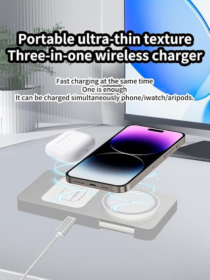 3 in 1 Wireless Charging Station for iPhone 17 16 15 14 13 12, Apple Watch 10 9 8 7 6 5 4 3 2 SE Ultra, AirPods 4 3 2 Pro, 15W Fast Charger Stand (Silver)