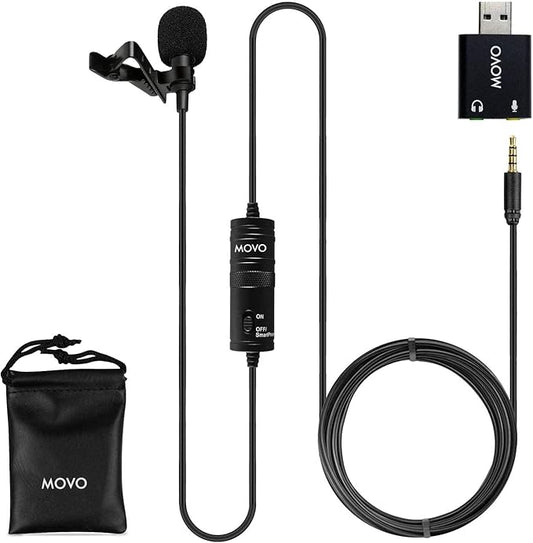 Movo LV1-USB Lavalier Microphone for Camera, Lapel for iPhone and Android Smartphones, Body Lav Mic, Clip On Microphone for 3.5mm, Shirt Lapel Mic for Phone, GoPro, Interview, Computer, PC