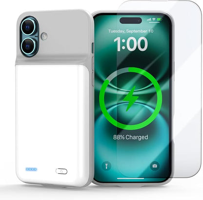 Battery Case for iPhone 16 Plus(6.7inch), Ultra-Slim 7000mAh Portable Extended Charging Charger Case [2026 Upgraded] Rechargeable Battery Back with Tempered Glass Screen Protector, White