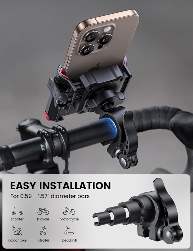 Lamicall Motorcycle Bike Phone Mount - [No Block Camera] [1s Lock] Bike Cell Phone Holder Clamp, Bicycle Scooter Handlebar Clip, for iPhone 16 15 14 Pro Max, Galaxy Ultra, 4.7-7" Phones, Red