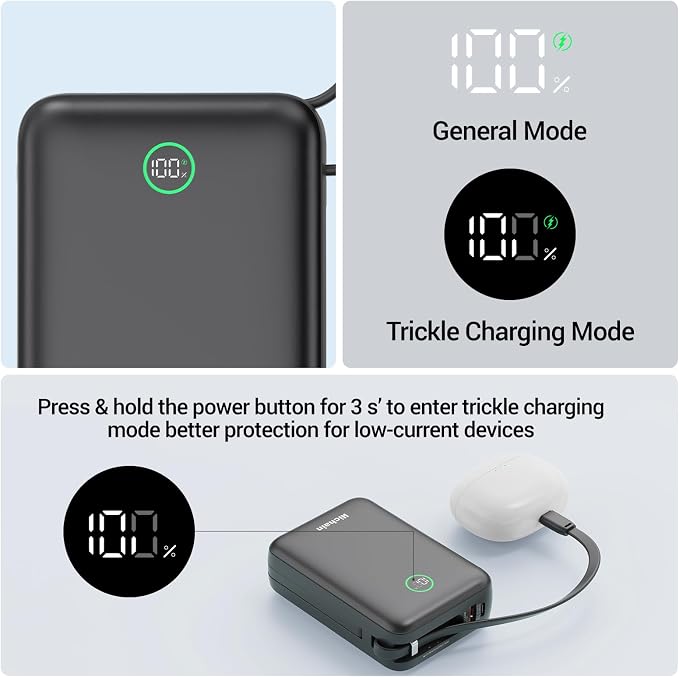 Hichain 20,000mAh 35W Power Bank Fast Charging Portable Charger Gray | for iPhone 17/16/15/14/13, iPad, Android, LED Display 4 Outputs Battery Pack Built in Dual Cables Portable Travel Charger
