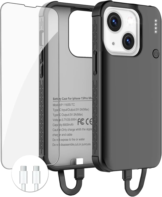 GIN FOXI Battery Case for iPhone 15/15 Pro, Rechargeable Charing Cases 7000mAh Portable Juice Box Fast Charger Cover Battery Pack for iPhone 15/15 Pro Built-in Cable, Black