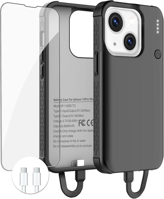 GIN FOXI Battery Case for iPhone 15/15 Pro, Rechargeable Charing Cases 7000mAh Portable Juice Box Fast Charger Cover Battery Pack for iPhone 15/15 Pro Built-in Cable, Black