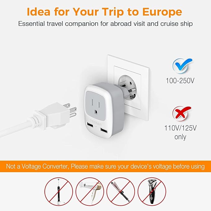 TESSAN European Travel Plug Adapter, 2 Pack, Type C, 2 USB | International Power Outlet Adaptor, USA to Most of Europe EU Spain Iceland Germany France Italy Israel