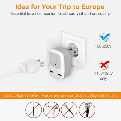 TESSAN European Travel Plug Adapter, 2 Pack, Type C, 2 USB | International Power Outlet Adaptor, USA to Most of Europe EU Spain Iceland Germany France Italy Israel