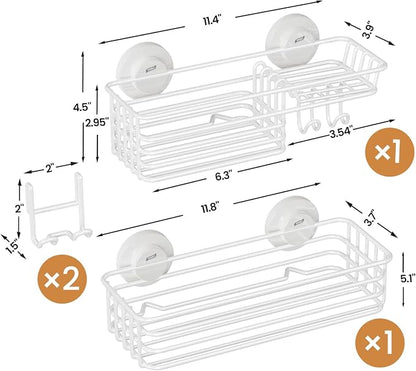 LEVERLOC Shower Caddy Suction Cup, 2 Pack Shelves for Inside with Hooks and Soap Holder, NO-Drilling Bathroom Organizer, Rustproof Meatl Bathroom Holder, White