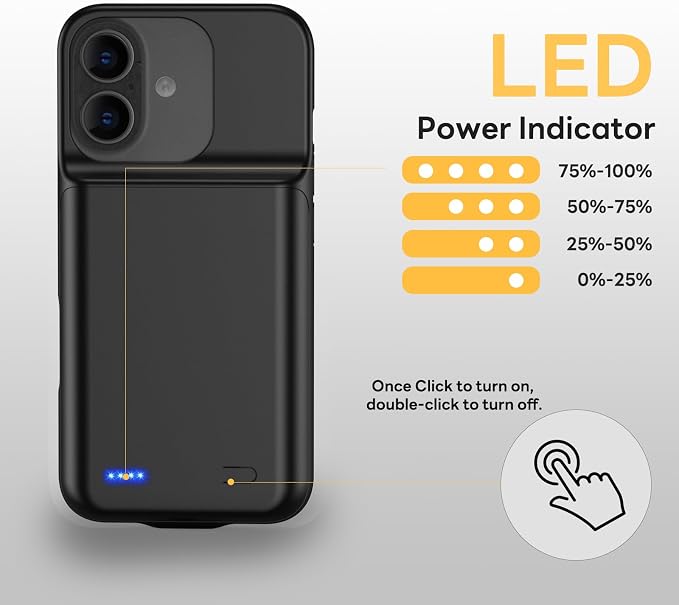 Battery Case for iPhone 17(6.3 inch), 7000mAh Ultra-Slim Protective Extended Charging Charger Case, 15W Fast Charging Rechargeable Battery Pack with Tempered Glass Screen Protector- Black