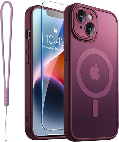 ROYBENS for iPhone 14 Matte Clear Case Compatible with Magsafe, Full Camera Lens Protection, Screen Protector, Wrist Strap, Translucent Magnetic Slim Hard Protective Phone Cover, Wine-Red
