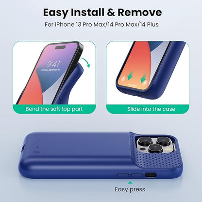 Battery Case for iPhone 14 Pro Max,14 Plus and 13 pro Max, Real 8600mAh Rechargeable Smart Extended Charging Case, Ultra-Slim Portable Protective Battery Pack (6.7 inch) Blue