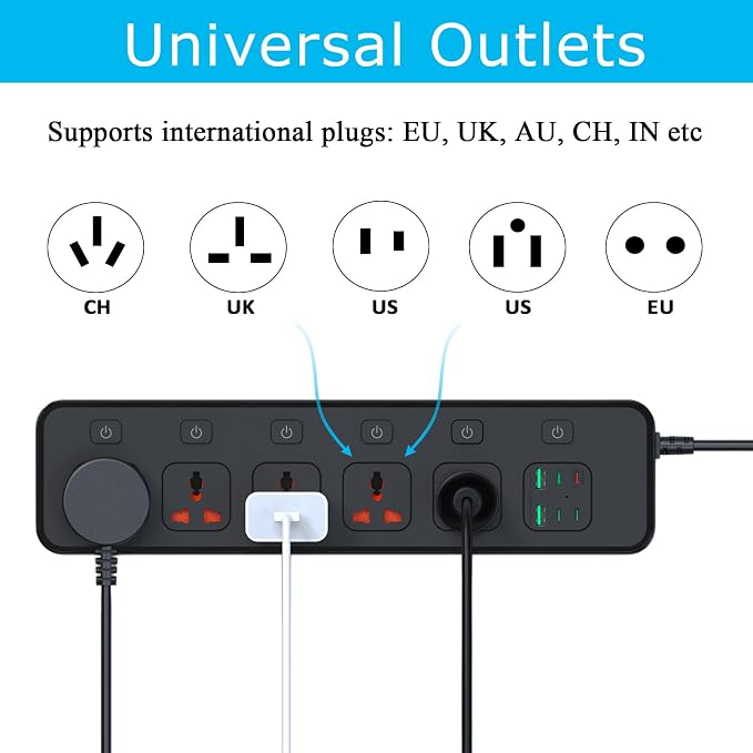 30W PD USB-C Fast Charging Power Strip,6 FT Extension Cord with Individual Outlet Switches, 5 Universal Sockets + 6 USB Ports, 110-240V 3000W Plug Adapter for Travel Home Office