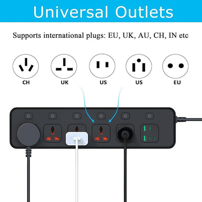 30W PD USB-C Fast Charging Power Strip,6 FT Extension Cord with Individual Outlet Switches, 5 Universal Sockets + 6 USB Ports, 110-240V 3000W Plug Adapter for Travel Home Office
