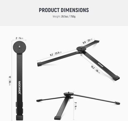 NEEWER Metal Mini Tripod Base for TL120C TL60 CL124 Tube Light Wand Stick, Extra Stable Foldable Handheld Tripod Legs Feet Tabletop Light Stand with 1/4" Screw, Silicone Pad, 3"/8cm Low Angle, CTN5