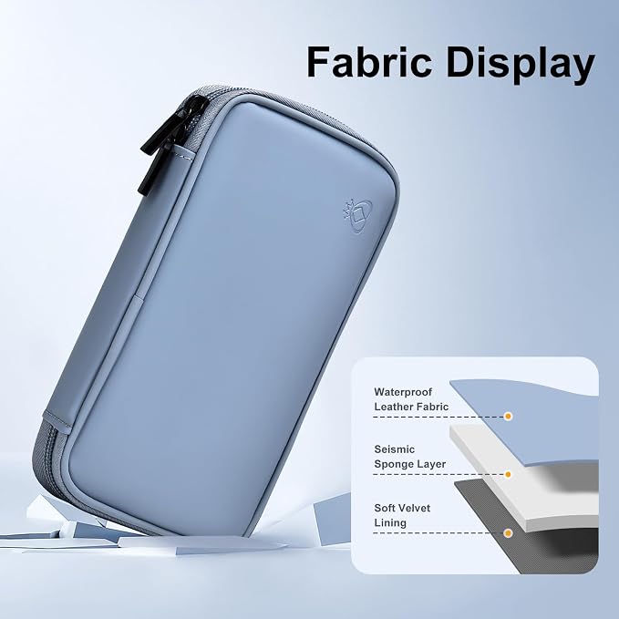 Portable Charger Organizer Travel Case Shockproof Power Bank Bag for Anker/Jackery/RAV/10000mAh Power Bank Leather Electronic Case for PowerCore(Gray&Blue, Single Layer-Small)