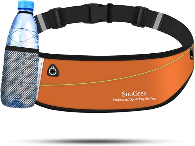 SooGree Slim Running Belt Fanny Packs for Women Men,Water Bottle Holder Hydration Fanny Pouch,Waterproof Sport Waist Pack with Reflective Strip,Runner Belt Bag for Running Cycling Camping Gym (Orange)