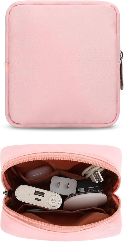Tech Organizer Pouch, Small Multi-Pocket Electronics Case (Pink) | Water-resistant nylon, foam padding, metal zipper, travel cable bag for charger, power bank, earbuds, SD cards and USB cables