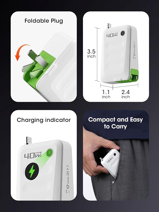 2026 ETODBUWS 3 in 1 GaN Charger,40W PD Fast Charging Blocks with Retractable Type C Cable and Dual Port Travel Charger,USB Chargers with Foldable Plug for iPhone 17/16/15,Galaxy,Pixel-White
