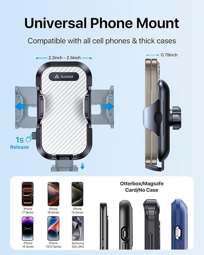 andobil Car Phone Holder Mount (Bumpy Roads Friendly) Military-Grade Phone Holders for Your Car Dashboard Windshield Air Vent Cell Phone Car Mount for iPhone 16 Pro Max 15 14 13, Samsung Silver