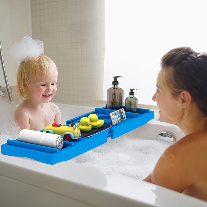 Domax Bathtub Caddy Tray - Expandable Bamboo Tub Tray for Luxury Spa Bath with Book Holder Free Soap Dish Blue