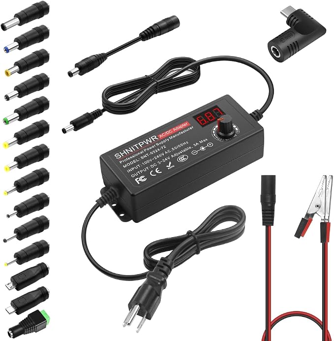SHNITPWR 72W universal Power Supply Adjustable DC 3.5V ~ 24V 3A AC/DC Adapter with USB C Charger PD 65W Upgraded 100V-240V AC to DC Converter Variable Power Adapter,14 Tips,Alligator Clips Power Cable