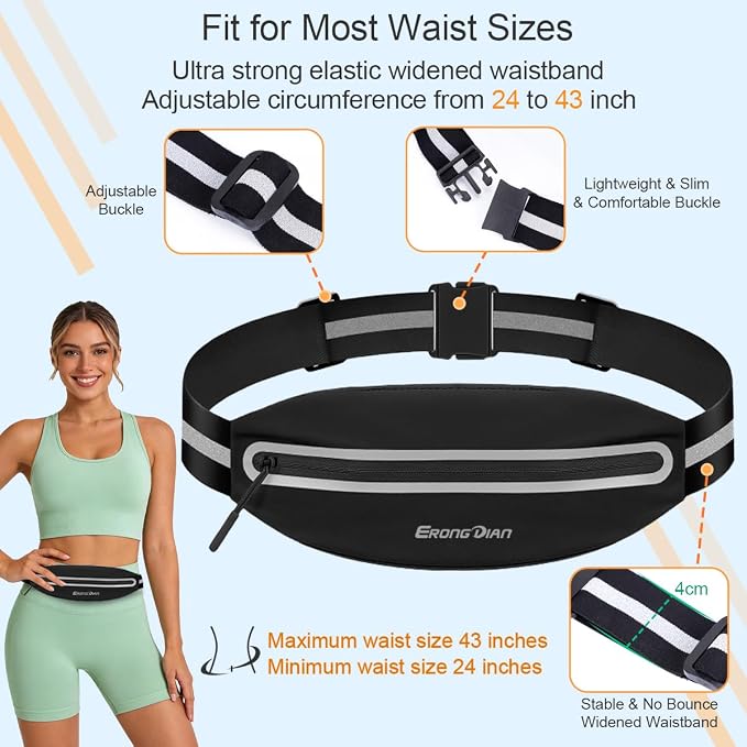 Slim Running Belt for Men, Water Resistant Fanny Pack for Women, Cell Phone Holder for Running Walking Cycling, Adjustable No Bounce Running Waist Pack for iPhone 17 16 15 Samsung - Black