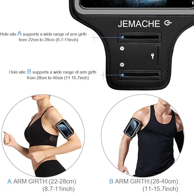 iPhone 17 16 15 Pro Max Armband with Earphone Holder, JEMACHE Gym Running Workouts Arm Band for iPhone Air, 17 16 15 14 13 12 Pro Max/Plus (Black)