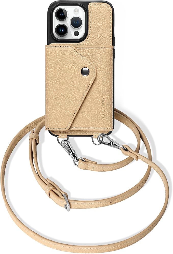 LUCKYCOIN for iPhone 14 Pro Crossbody Wallet Case – Genuine Leather Phone Purse with Adjustable Strap and Card Holder,Lanyard Phone Purse Case for Women,Pebble Grain Beige