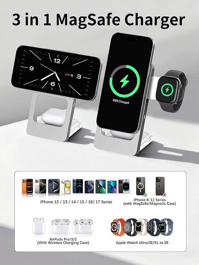 3 in 1 Wireless Charging Station for iPhone 17 16 15 14 13 12, Apple Watch 10 9 8 7 6 5 4 3 2 SE Ultra, AirPods 4 3 2 Pro, 15W Fast Charger Stand (Silver)