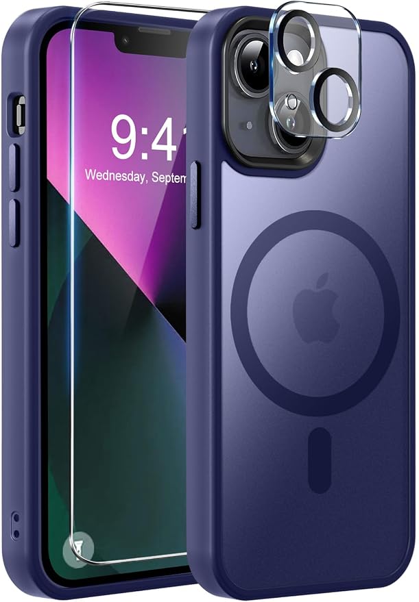 MOCCA Strong Magnetic for iPhone 13 Case, [Compatible with Magsafe][Screen Protector+Camera Lens Protector] Translucent Matte Back Slim Shockproof Case for iPhone 13 Phone Case 6.1", Deep Blue