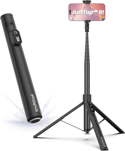 KraftGeek Automatic Tripod for iPhone, 66" Phone Tripod Selfie Stick for Cell Phone, Tripod Stand with Remote for Video Recording, Black