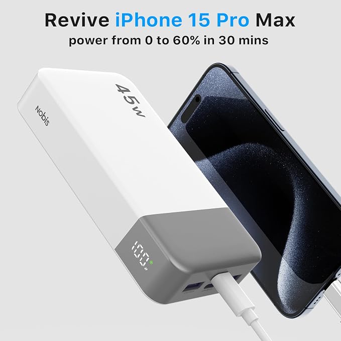 NOBIS Portable Charger 45W 20000mAh Power Bank Fast Charging | 2C+2A Battery Pack with C to C Cable, Battery Bank with Digital Display for iPhone Android Laptop etc
