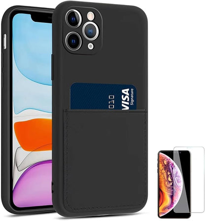 Ultra Slim Liquid Silicon Gel Case Compatible for iPhone 11 Pro 5.8 inch 2019 with Card Holder Sleeves Slot Anti-Scratch Shockproof Wallet Cover with Screen Protecto(Black)