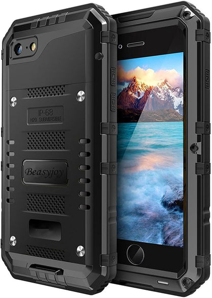Beasyjoy for iPhone SE 2022/2020/ 8/7 Metal Case, Waterproof Heavy Duty Case with Screen Protector, Full Body Protection Military Grade Shockproof Defender Durable Sturdy Rugged Aluminum Cover, Black