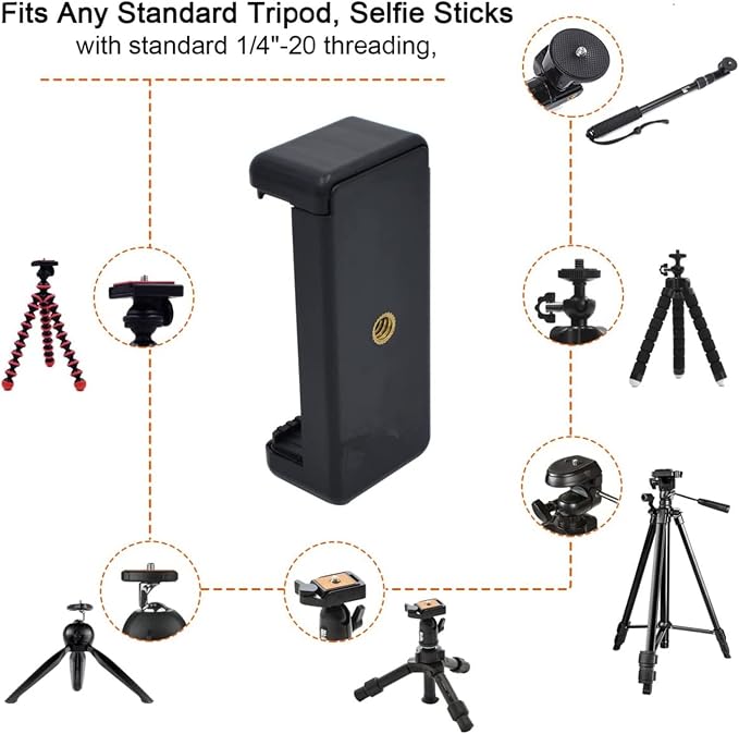 PRAQECZ Universal Cell Phone Tripod Mount Adapter, Phone Holder Clip Connector Head Used for Monopod Selfie Stick Travel Mini Flexible Tripod and More