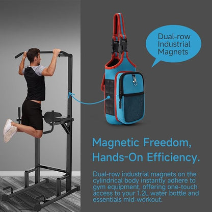 VAKAER Magnetic Gym Bag, Water Bottle Carrier Holder with Phone Pocket & Adjustable Strap,10 Ultra-Strong Magnets Stick to Fitness equipment, Workout Accessories Pouch for Women & Men, Blue