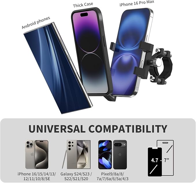 Aluminum Phone Holder for Bike–Universal Bike Cell Phone Holder Fits All Phones 4-7",Waterproof & Shockproof Motorcycle Phone Mount,360° Rotation Bicycle Phone Mount for E-Bike,Scooter,ATV