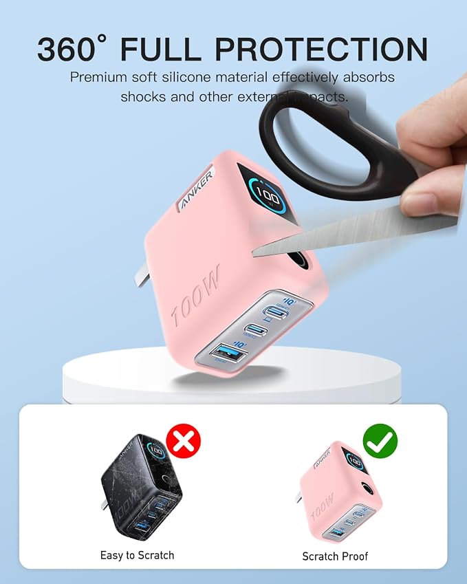 Silicone Case for Anker GaNPrime Lite 100W Charger (A121B, 4-Port), Full-Body Protective Cover for Anker Prime Power Bank,Precise Port Cutouts (Case Only) Pink